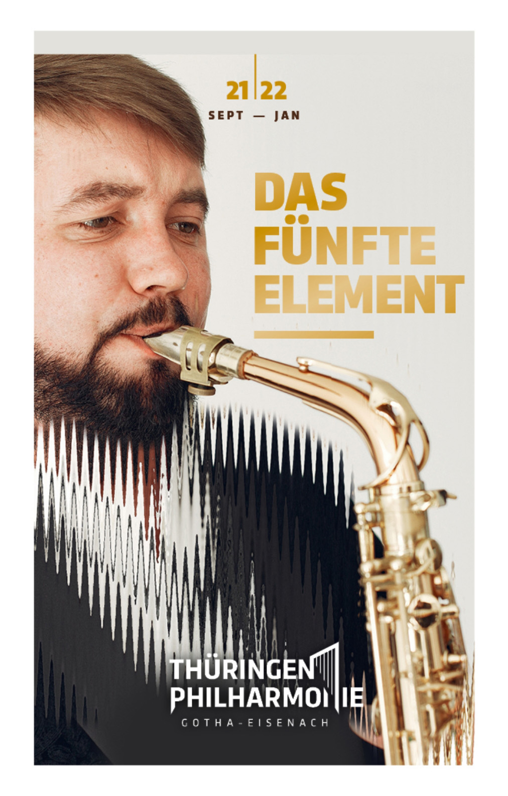 Poster draft visualizing musical vibration: shimmering trumpeter
