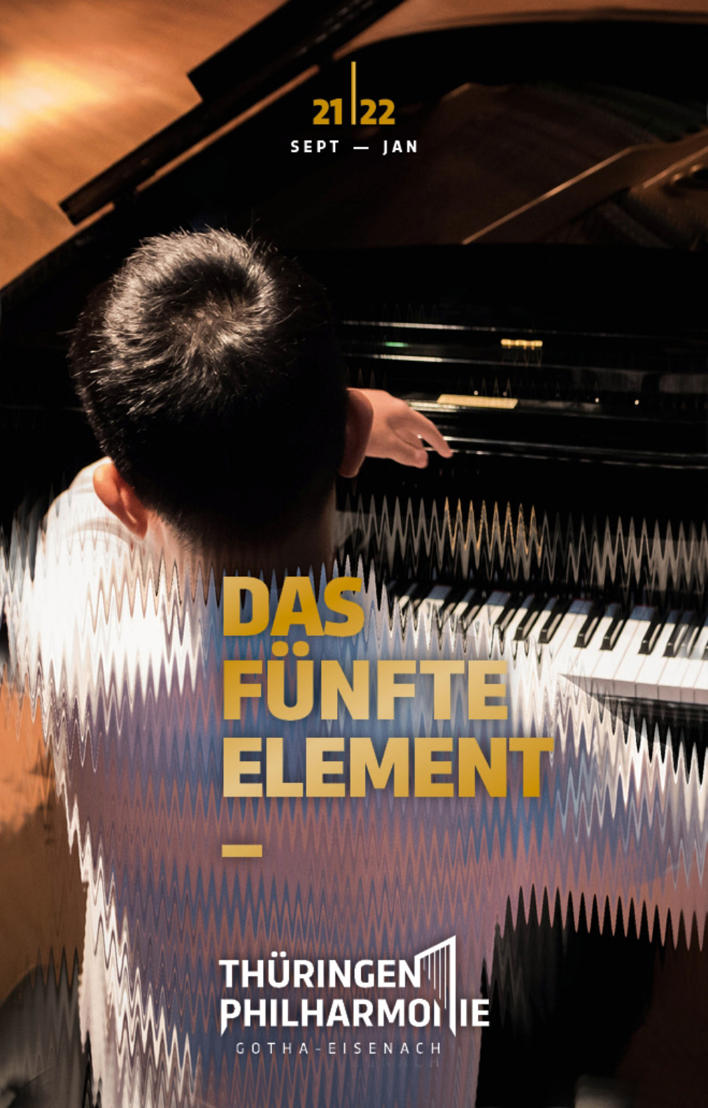 Poster draft visualizing musical vibration: shimmering pianist
